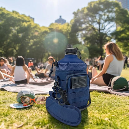 1 Gallon Water Bottle Insulated - 84 Oz Stainless Steel Metal Water Jug with Holder - | Carrying Bag | Spout Handle | Straw Lids | Keep Cold & Hot | - Navy Blue Tactical Flask