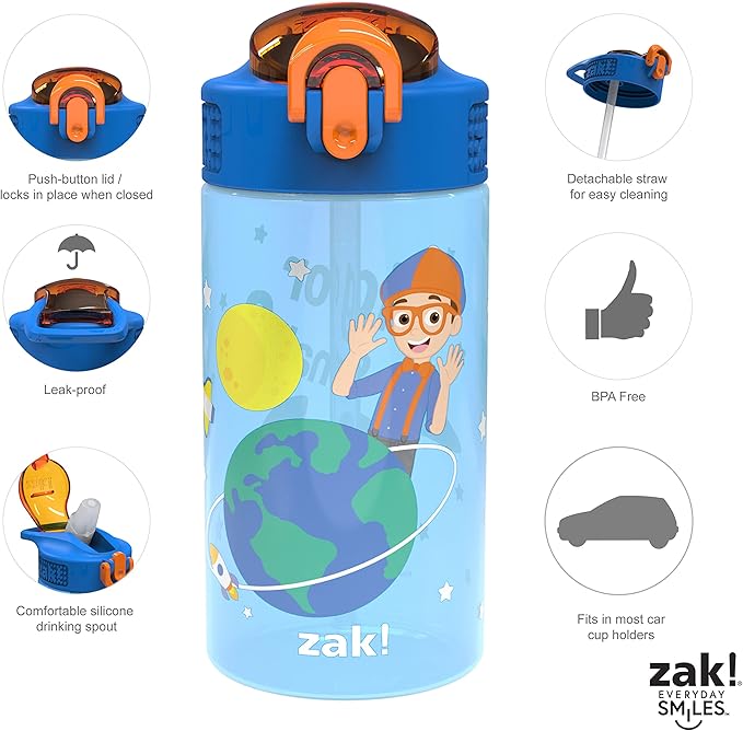 Zak Designs Blippi Kids Water Bottle with Spout Cover and Built-In Carrying Loop, Made of Durable Plastic, Leak-Proof Design for Travel (16 oz, Pack of 2)