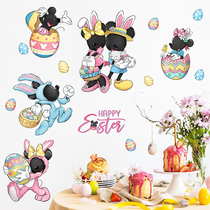 Mfault Happy Easter Cartoon Mouse Wall Decals Stickers, Eggs Bunny Decorations Bedroom Art, Rabbit Basket Chick Home Kitchen Decor Party Supplies