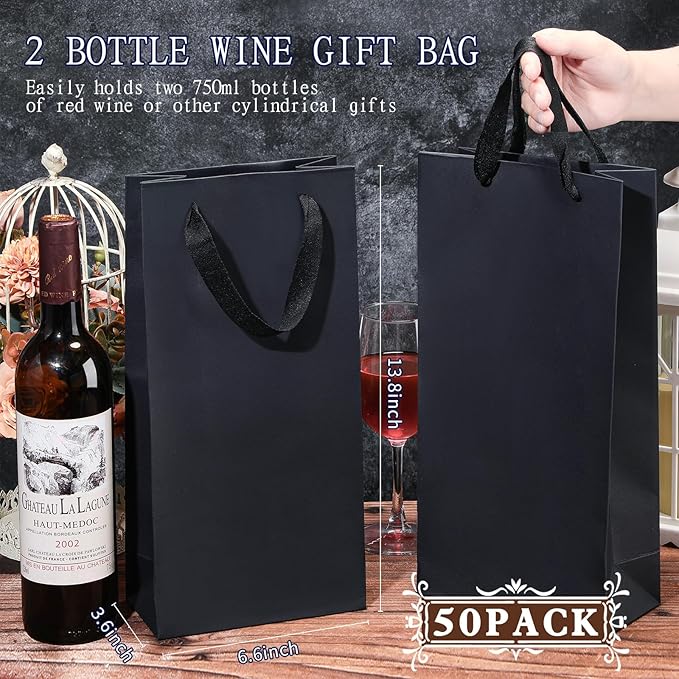 Yeaqee 50 Pack Wine Bags for Wine Double Bottles Gifts Bags 6.6" x 3.6" x 13.8" Craft Wine Bottle Wine Bags Bulk with Handles Reusable Paper Tumbler Wine Bags, Liquor Gift Bag with Handles(Black)