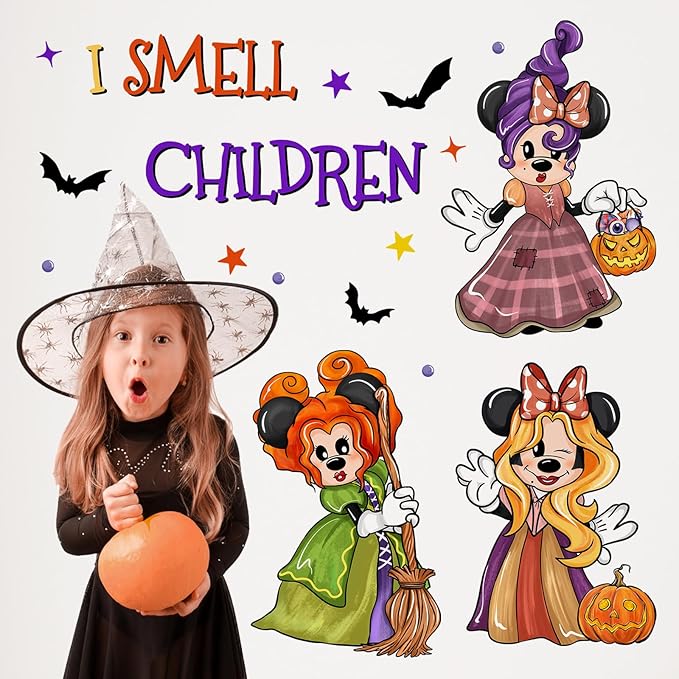 Mfault Halloween I Smell Children Wall Decals Stickers, Hocus Pocus Cartoon Mouse Sanderson Sisters Witches Decorations Bedroom Art, Jack O Lantern Pumpkin Bat Funny Holiday Home Kitchen Decor