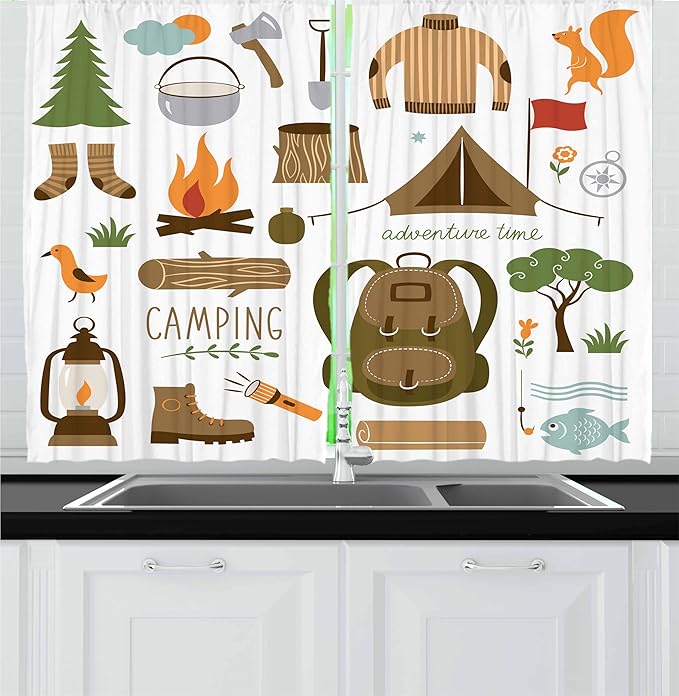 Ambesonne Adventure Kitchen Curtains, Camping Equipment Sleeping Bag Boots Campfire Shovel Hatchet Log Artwork Print, Window Drapes 2 Panel Set for Kitchen Cafe Decor, 55" x 30", White Khaki