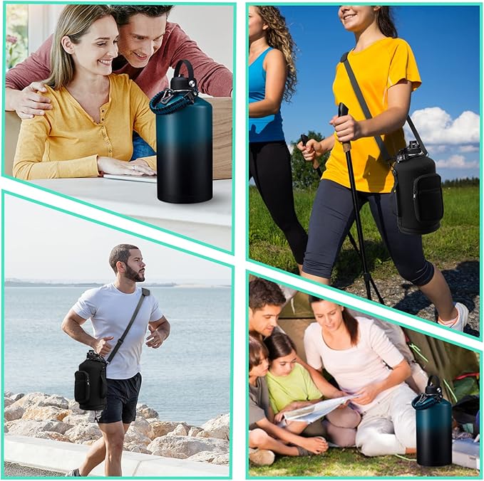 1 Gallon Water Bottle Stainless Steel - 128oz Insulated Flask with Sleeve Strap, Big Water Jug with Straw & Spout Lid, Gym Camping Gallon Water Bottle w/ Paracord Handle, protective Boot