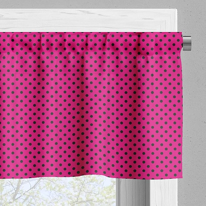 Ambesonne Hot Pink Valance & Tier Curtain 3 pcs Set, Pop Art Inspired Design Retro Pattern of Black Polka Dots Classical Spotted, Window Treatments for Kitchen Room Decor, 55" x 30", Black Pink