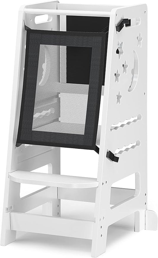 TOETOL Bamboo Toddler Kitchen Stool for Kids Step Stool - White Little Helper Tower Adjustable Height with Learning Black & White Activity Board