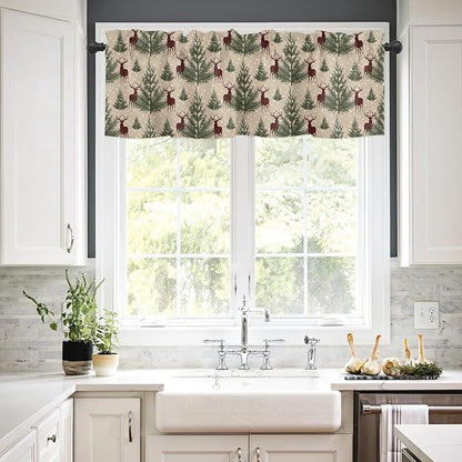 Vintage Christmas Window Valance for Kitchen Living Room, Retro Style Window Curtain for Bedroom Bathroom, Christmas Reindeer Window Valance Rod Pocket Window Treatment, Christmas Decor, 54" W x 18" L