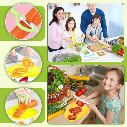 11 Pcs Wooden Kids Kitchen Knife, Kids Knife Set with Cutting Board Fruit Vegetable Crinkle Cutters Serrated Edges Plastic Toddler Knifes for Real Cooking Kid Safe Knives…