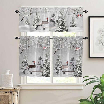 Winter Christmas Kitchen Curtains and Valances Set, Cute Snowman Cardinals Windows Treatments Tiers Half/Short Curtains for Small Windows Cafe /Living Room/ Bedroom 54x24 in GreySnowy Pine Forest