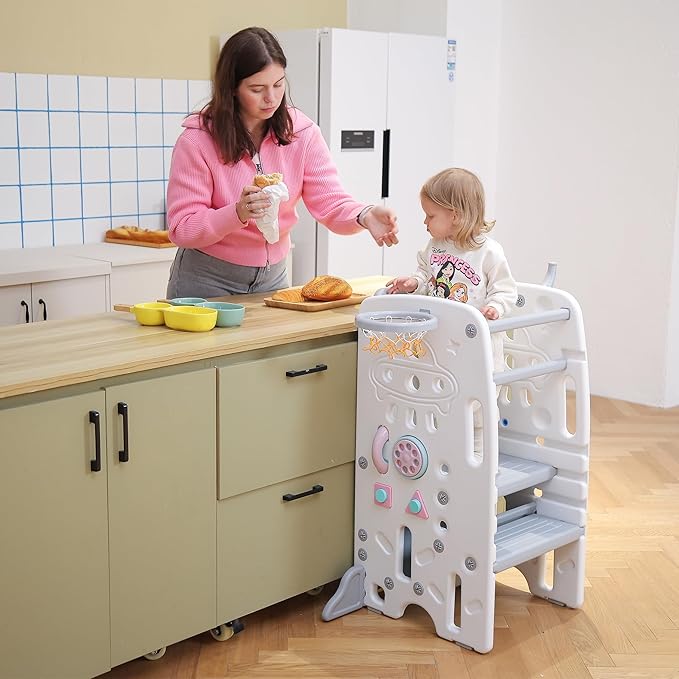 Toddler Kitchen Stool Helper Tower,Toddler Tower Kids Step Stool for Bathroom,Kids Learning Tower,Child Standing Tower for Toddlers with Chalkboard and Safety Rail (Help Tower)