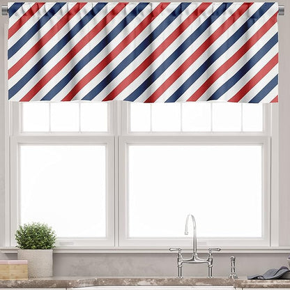 Ambesonne Harbour Stripe Valance & Tier Curtain 3 pcs Set, Vintage Barber Pole Helix of Colored Stripes Medieval Contrast Design, Window Treatments for Kitchen Room Decor, 55" x 36", Blue Red