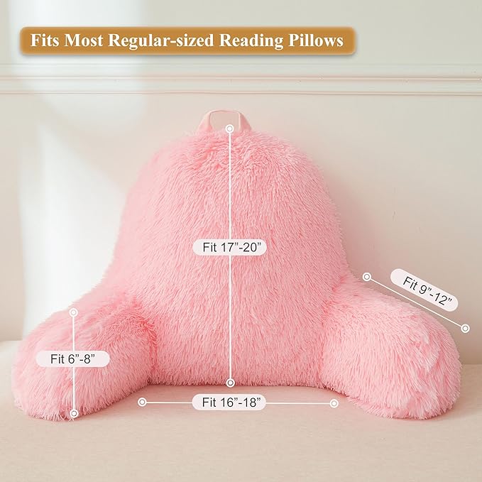 XeGe Faux Fur Reading Pillow Cover (No Filler), Fluffy Back Rest Pillow Case for Sitting in Bed, Adults Kids Girls Shaggy Sit Up Back Support Study Pillow Cover for Couch Chair Home Decoration, Pink