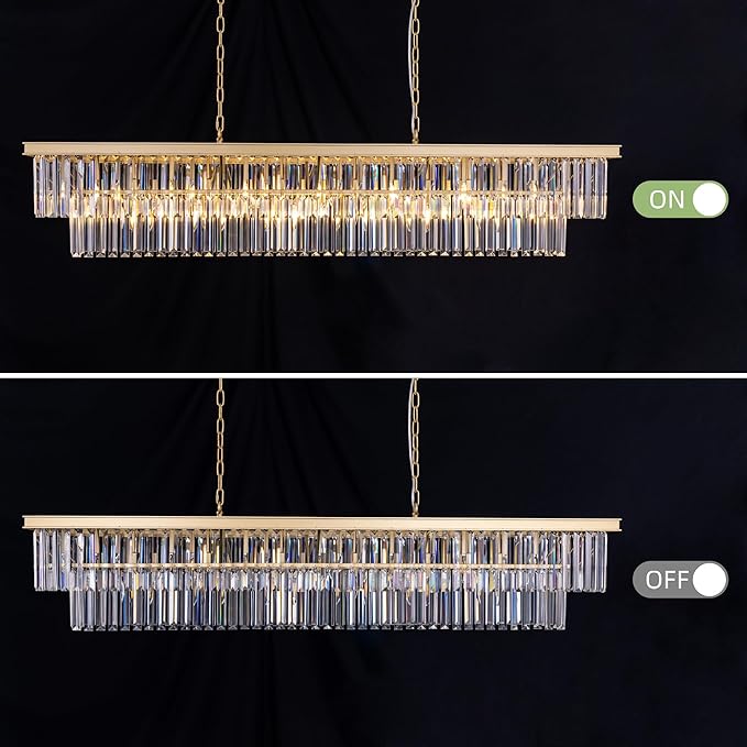 Wellmet Gold Chandelier 57 inch, 13-Light Modern Rectangular Crystal Chandelier Ceiling Hanging, Linear Chandeliers Light Fixture for Living Room, Dining Room, Bedroom, Kitchen Island