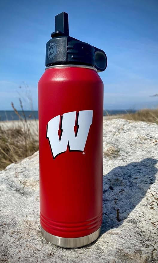 University of Wisconsin 32oz Stainless Steel Double Walled Red Beverage Bottle with Flip Straw Spout - College Gear for Playoff Season – For Office, Home or Auto – Show your Badgers Pride