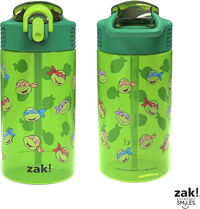 Zak Designs Teenage Mutant Ninja Turtles Kids Water Bottle For School or Travel, 16oz 2 Count (Pack of 1) Durable Plastic Water Bottle With Straw, Handle, and Leak-Proof, Pop-Up Spout Cover (TMNT)