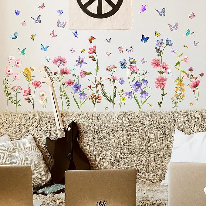 Colorful Flower Wall Stickers with Butterfly and Bee 88 Pcs Removable Flower Wall Decals DIY Peel and Stick Art Wall Decor Mural for Nursery Baby Kids Bedroom Living Room Kitchen Home Decoration