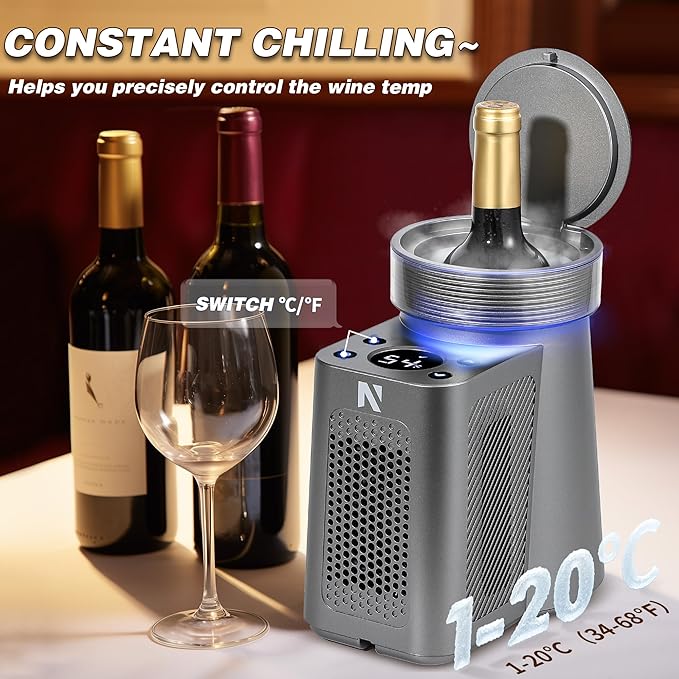 NEWTRY Wine Chiller Electric, 24 Hours Iceless Wine Cooler for 750ml Standard Straight Wine Bottle, Single Bottle Wine Chiller Constant Low Temp for Home, Kitchen, Office, Outdoors