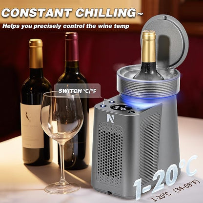 NEWTRY Wine Chiller Electric, 24 Hours Iceless Wine Cooler for 750ml Standard Straight Wine Bottle, Single Bottle Wine Chiller Constant Low Temp for Home, Kitchen, Office, Outdoors