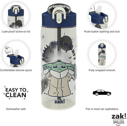 Zak Designs Star Wars The Mandalorian Water Bottle For School or Travel, 25 oz Durable Plastic Water Bottle With Straw, Handle, and Leak-Proof, Pop-Up Spout Cover (Grogu/The Child)