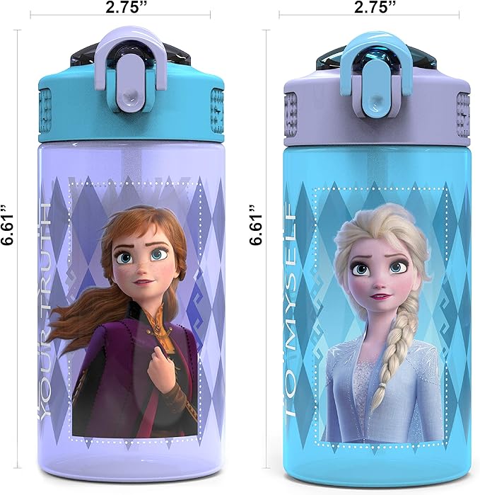 Zak Designs Disney Frozen 2 Kids Water Bottle Set with Reusable Straws and Built in Carrying Loops, Made of Plastic, Leak-Proof Designs 16 oz, BPA-Free, 2pc Set, Elsa & Anna (Frozen 2)