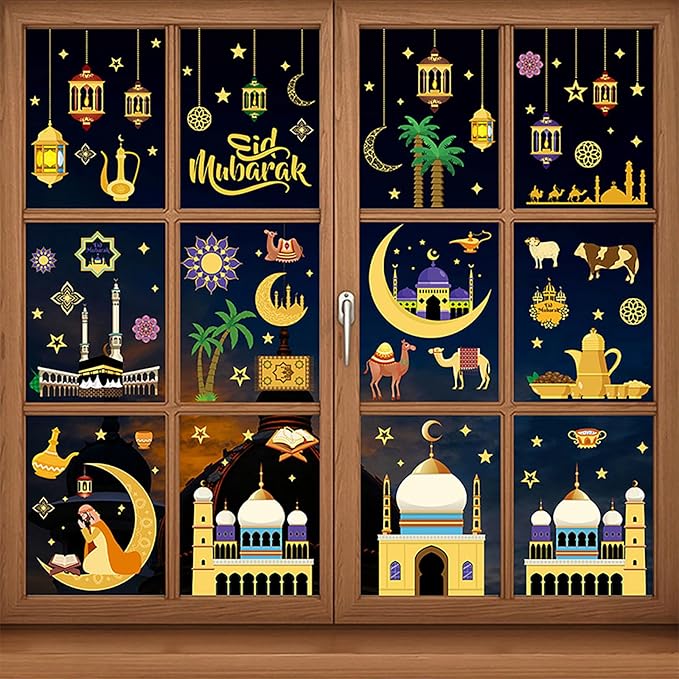 Totelux Eid Mubarak Decorations Ramadan Window Clings Ramadan Mubarak Window Stickers Muslim Moon Star Window Decals for Glass Window Home Office Holiday Eid Al-fitr Party Supplies 9Sheets