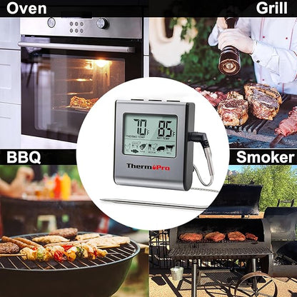 ThermoPro TP-16 Large LCD Digital Cooking Food Meat Smoker Oven Kitchen BBQ Grill Thermometer Clock Timer with Stainless Steel Probe