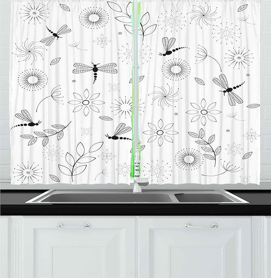 Ambesonne Dragonfly Kitchen Curtains, Bohem Inspired Flying Butterfly Like Bugs and Flowers Dandelion Image, Window Drapes 2 Panel Set for Kitchen Cafe Decor, 55" x 24", Charcoal White