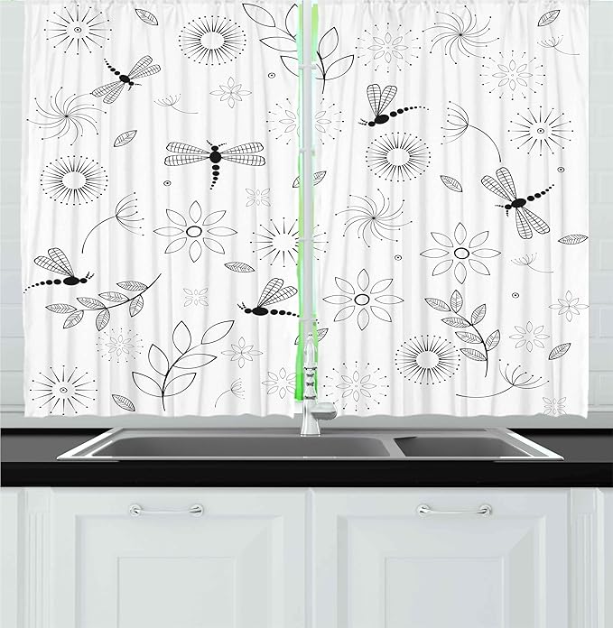 Ambesonne Dragonfly Kitchen Curtains, Bohem Inspired Flying Butterfly Like Bugs and Flowers Dandelion Image, Window Drapes 2 Panel Set for Kitchen Cafe Decor, 55" x 36", Charcoal White