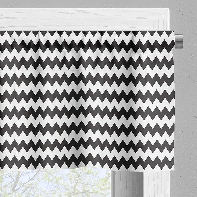 Ambesonne Chevron Valance & Tier Curtain 3 pcs Set, Zig Zags in Black and White Sharp Arrow Inspired Classic Retro Tile Monochrome, Window Treatments for Kitchen Room Decor, 55" x 45", Black Cream