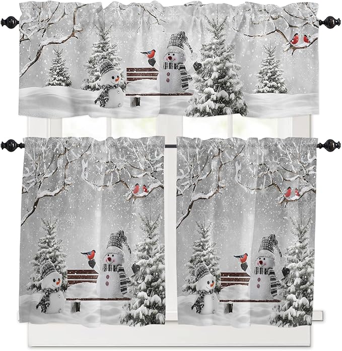 Winter Christmas Kitchen Curtains and Valances Set, Cute Snowman Cardinals Windows Treatments Tiers Half/Short Curtains for Small Windows Cafe /Living Room/ Bedroom 54x24 in GreySnowy Pine Forest