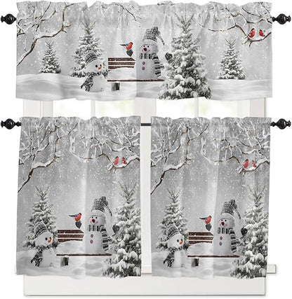 Winter Christmas Kitchen Curtains and Valances Set, Cute Snowman Cardinals Windows Treatments Tiers Half/Short Curtains for Small Windows Cafe /Living Room/ Bedroom 54x36 in GreySnowy Pine Forest