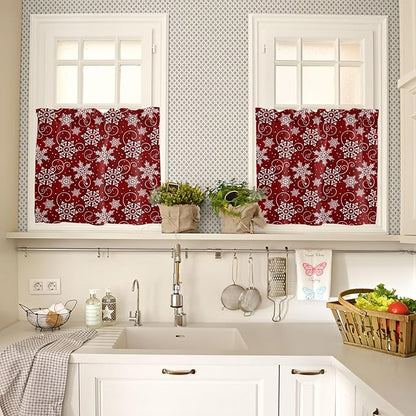 Vandarllin Christmas Kitchen Curtains and Valances Set, Red White Snowflakes Pattern Windows Treatments Tiers Half/Short Curtains for Small Windows Cafe/Living Room/Bedroom 54x36 in Winter