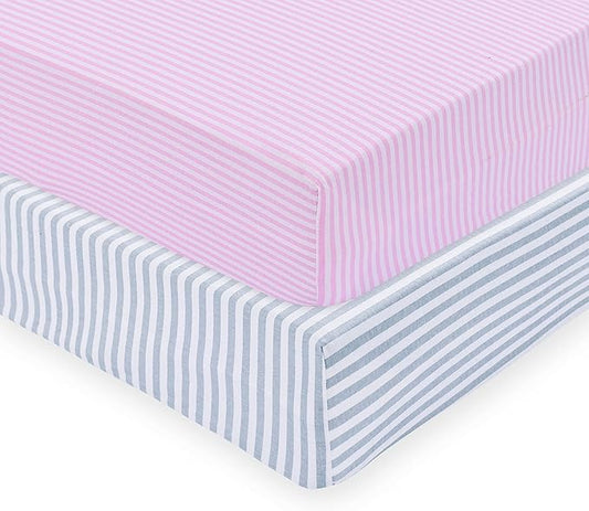 100% Cotton Jersey Knitted Mini Crib Sheets for Boys and Toddler, Soft and Breathable, Crib Sheets Girl Snug Fit, Machine Washable, Multiple Colors (P2,Pink/Gray Stripe,38"x24"x6")