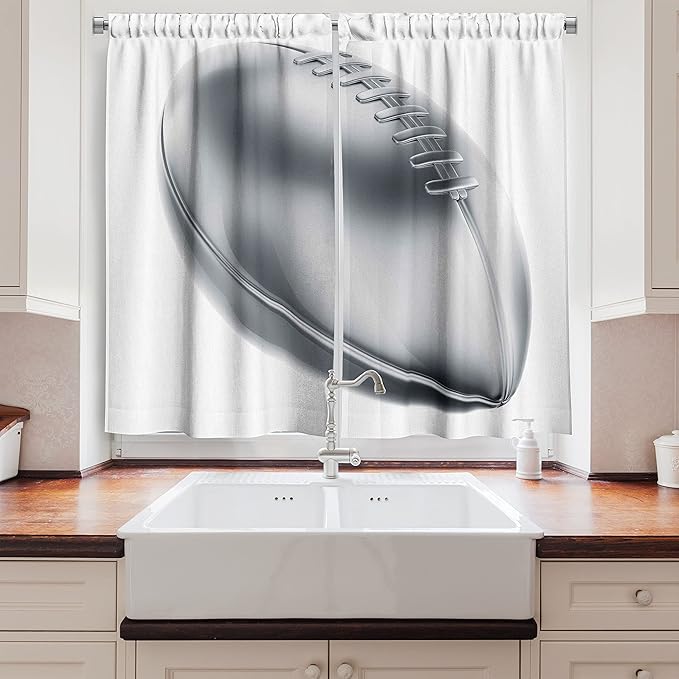 Ambesonne Grey Long Kitchen Curtains, Realistic American Football in 3D Style Sports Theme Champion Victory Trophy, Two Panels Drapes with Rod Pocket Room Decor, 55" x 45", Grey White