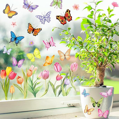 8 Sheets Butterfly Floral Window Clings Summer Floral Static Window Stickers Refrigerator Glass Party Decorations Add Joy to The Season and Home Decoration