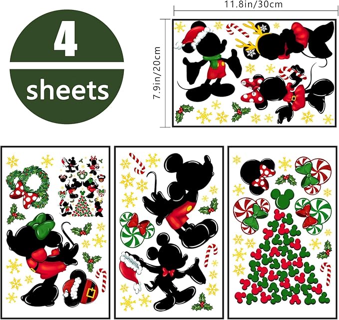 Yovkky 88 PCS Merry Christmas Window Clings, 2025 New Year Christmas Mouse Xmas Tree Green Red Stickers Decals Decor, Peppermint Candy Wreath Winter Snowflakes Holiday Party Home Kitchen Decorations