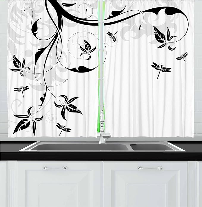 Ambesonne Dragonfly Kitchen Curtains, Swirled Floral Background Damask Curl Branches and Leaves Print, Window Drapes 2 Panel Set for Kitchen Cafe Decor, 55" x 24", Light Grey