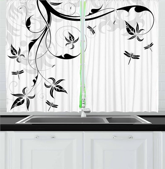 Ambesonne Dragonfly Kitchen Curtains, Swirled Floral Background Damask Curl Branches and Leaves Print, Window Drapes 2 Panel Set for Kitchen Cafe Decor, 55" x 30", Light Grey