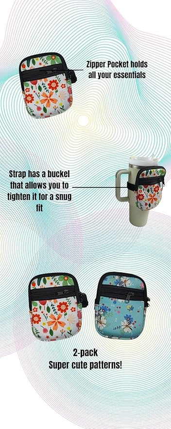 Zipper Water Bottle Pouch For 40 oz. Tumbler, Flower Design | Tumbler Pouch With Zipper Pocket, Adjustable Strap Fits Most 40oz Tumblers | Securely Holds Phone, Credit Cards, Keys, & More (2 Pack)