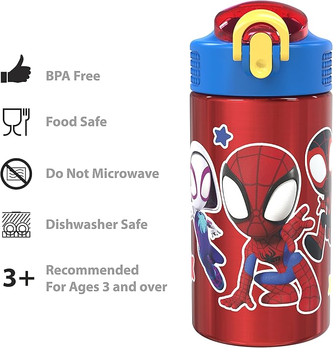 Zak Designs Marvel Spider-Man 18/8 Single Wall Stainless Steel Kids Water Bottle, Flip Straw Locking Spout Cover, Durable Cup for Sports or Travel (15.5oz, Non-BPA, Spidey and His Amazing Friends)