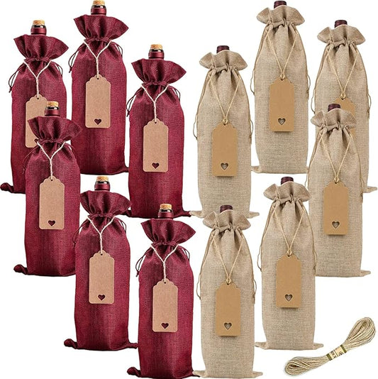 Burlap Wine Bags, Wine Gift Bags, 12Pcs Reusable Wine Bottle Bags with Drawstrings, Wine Bottle Gift Bags for Party, Christmas, Wedding, Travel, Home Storage