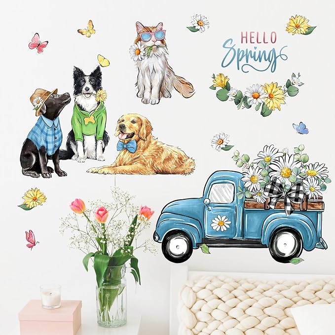 Mfault Hello Spring Dog Cat Wall Decals Stickers, Golden Retriever Puppy Kitty Blue Truck Daisy Flower Decorations Bedroom Art, Eucalyptus Leaves Butterfly Seasonal Home Kitchen Decor Party Supplies