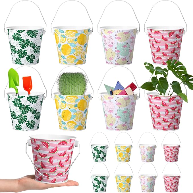 16 Pcs Small Metal Beach Bucket Sand Bucket 4.4 x 5.4 x 6.4 Inches Hawaiian Mini Drink Bucket with Handles for Summer Beach Theme Birthday Party Favors(Fresh)