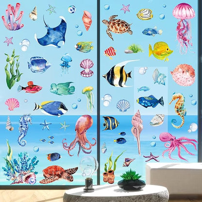 8 Sheets Underwater World Window Clings Ocean Theme Static Window Stickers Fridge Glass Stickers Party Decorations Add Joy to The Season and Home Decoration