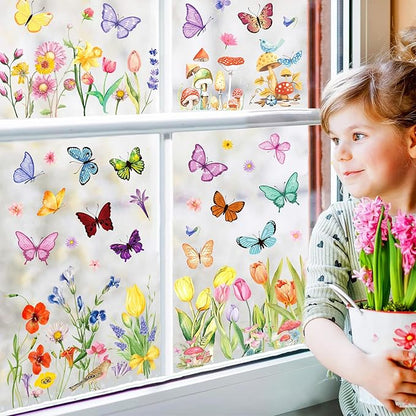 8 Sheets Butterfly Floral Window Clings Summer Floral Static Window Stickers Refrigerator Glass Party Decorations Add Joy to The Season and Home Decoration