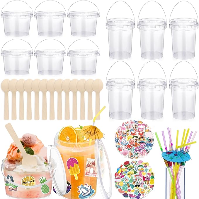 12 Pcs 1L 32oz Plastic Cocktail Buckets 750ml Ice Cream Buckets with Disposable Spoons and Straws Summer Theme Stickers for Summer Pool Party Beach Party Supplies