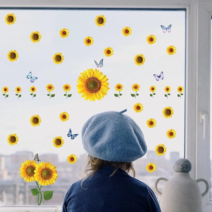 Sunflower Wall Stickers with 3D Butterfly Removable Yellow Flower Wall Decals Waterproof Sunflower Decor Mural for Nursery Baby Kids Bedroom Living Room Bathroom Kitchen Decoration (73 Pcs Yellow)