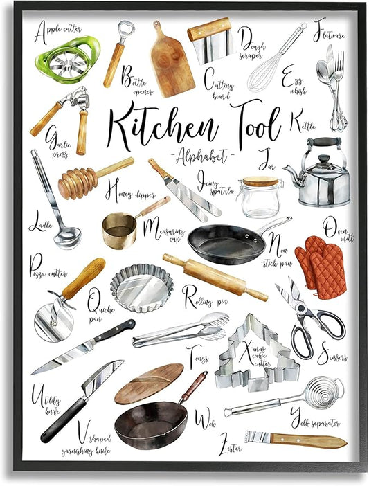 Stupell Industries Kitchen Tool Alphabet Cooking Accessory ABC Chart, Designed by Ziwei Li Black Framed Wall Art, 24 x 30, Multi-Color