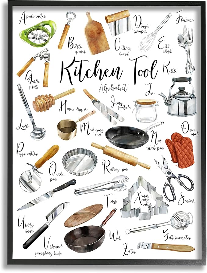 Stupell Industries Kitchen Tool Alphabet Cooking Accessory ABC Chart, Designed by Ziwei Li Black Framed Wall Art, 16 x 20, Multi-Color