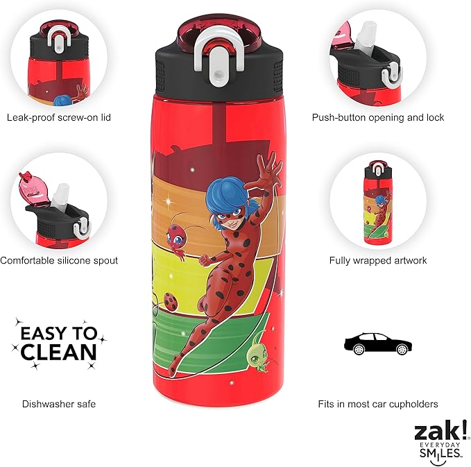 Zak Designs Miraculous Ladybug Water Bottle For School or Travel, 25 oz Durable Plastic Water Bottle With Straw, Handle, and Leak-Proof, Pop-Up Spout Cover