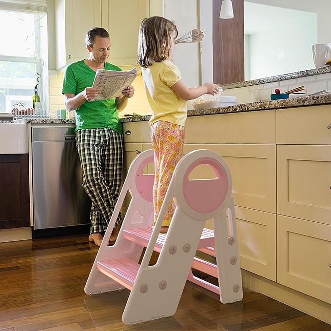 3 Step stools for Kids, Toddler Tower, Toddler Step Stool for Bathroom Sink, Kitchen Counter Helper, Toilet Potty Training, with Safety Handles and Non-Slip Desgin (Pink-White)